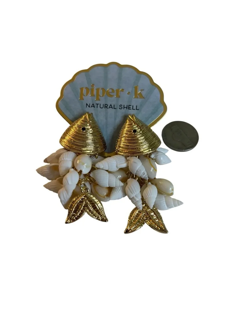 Piper k Gold Tone Fish Head Dangle Natural Shell Drop Earrings.